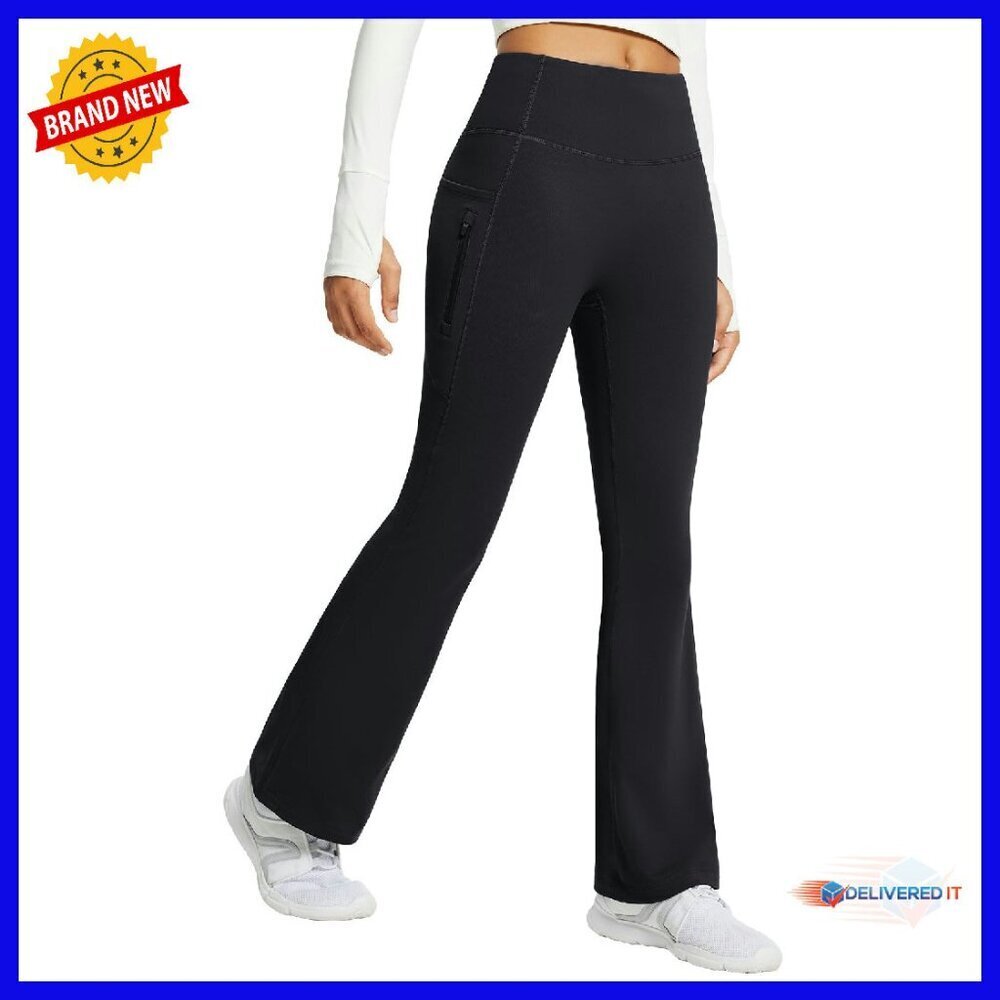 Fleece Lined Thermal Yoga Pants with Pockets, High Waist Flare Leggings